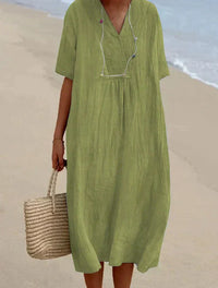 Leinen Sommerkleid Damen mit V-Ausschnitt und Strandtasche-Hellgrün-S-Luzern Mode