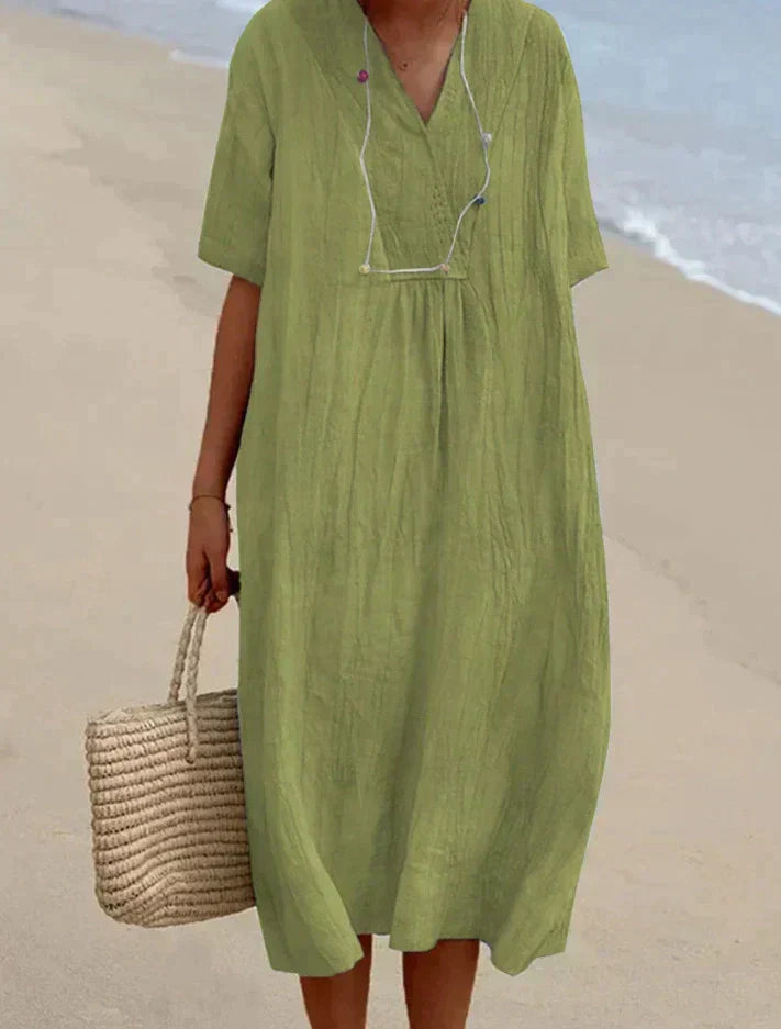 Leinen Sommerkleid Damen mit V-Ausschnitt und Strandtasche-Hellgrün-S-Luzern Mode