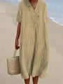 Leinen Sommerkleid Damen mit V-Ausschnitt und Strandtasche-Khaki-S-Luzern Mode