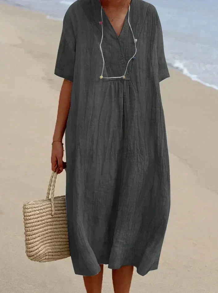 Leinen Sommerkleid Damen mit V-Ausschnitt und Strandtasche-Schwarz-S-Luzern Mode