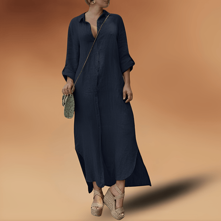 Elegantes langes Leinenkleid mit Knopfleiste Damenmode-Dunkelblau-XS-Luzern Mode