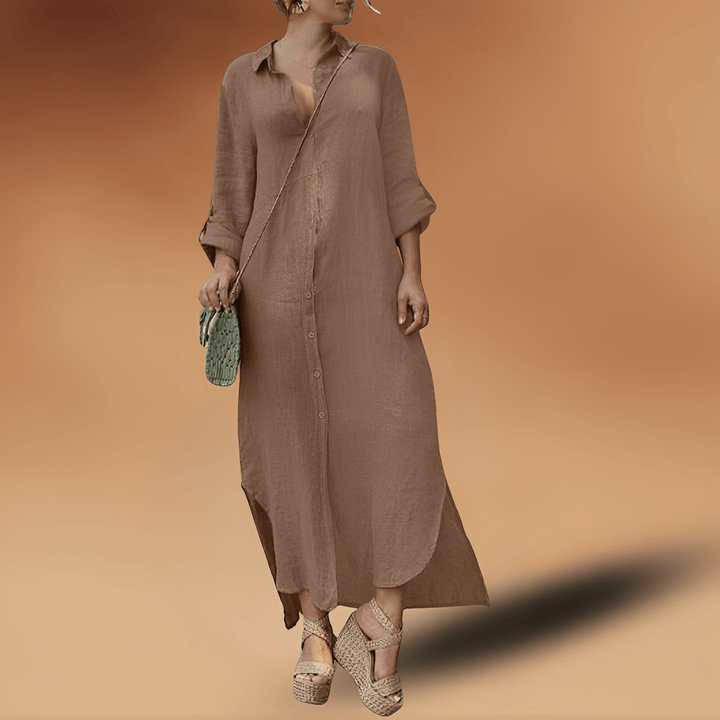 Elegantes langes Leinenkleid mit Knopfleiste Damenmode-Khaki-XS-Luzern Mode