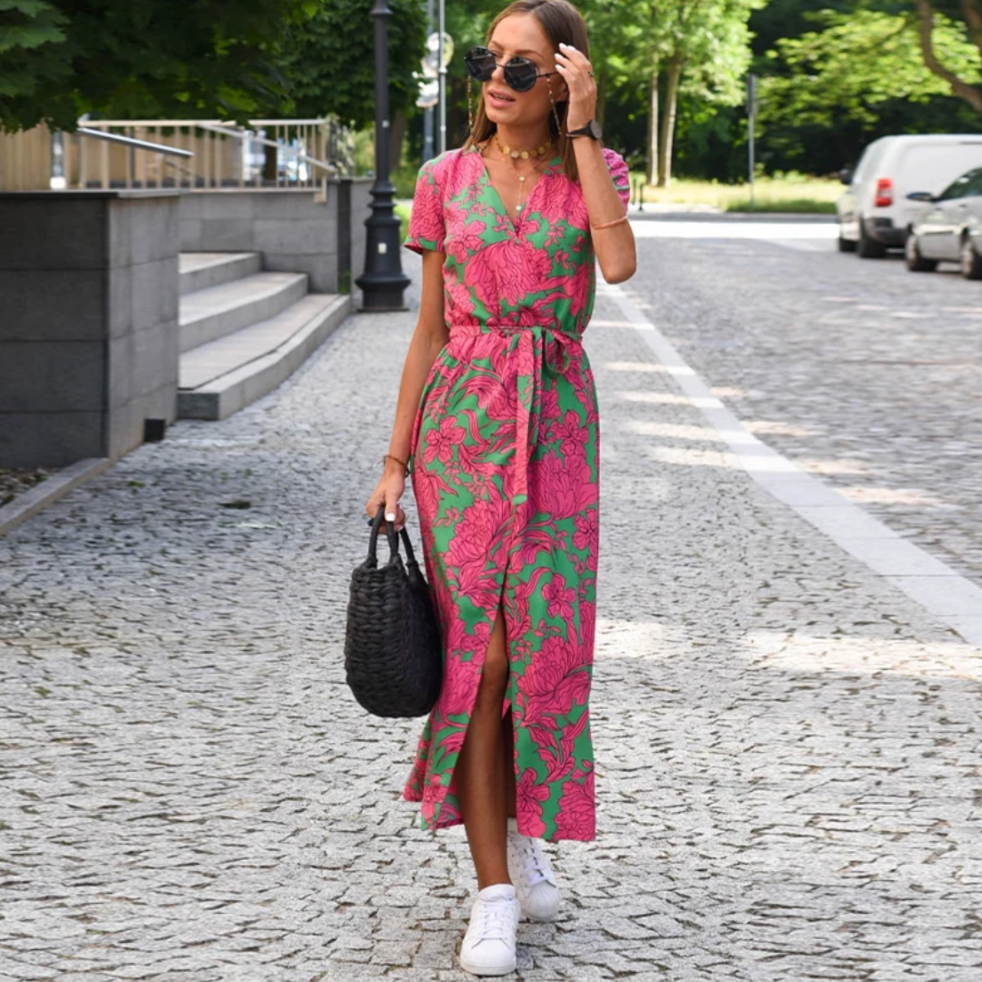 Damen Maxikleid mit Punktmuster und Seitenschlitz-Rosa-s-Luzern Mode