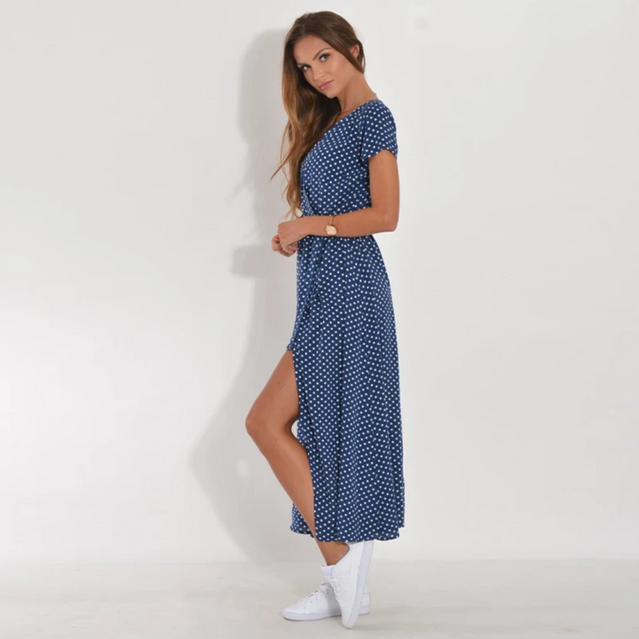 Damen Maxikleid mit Punktmuster und Seitenschlitz-Luzern Mode