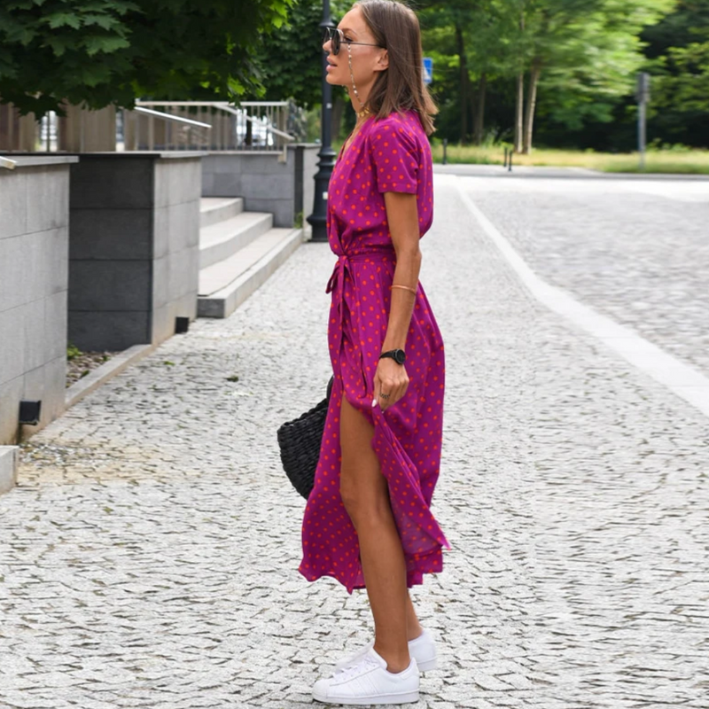 Damen Maxikleid mit Punktmuster und Seitenschlitz-Luzern Mode