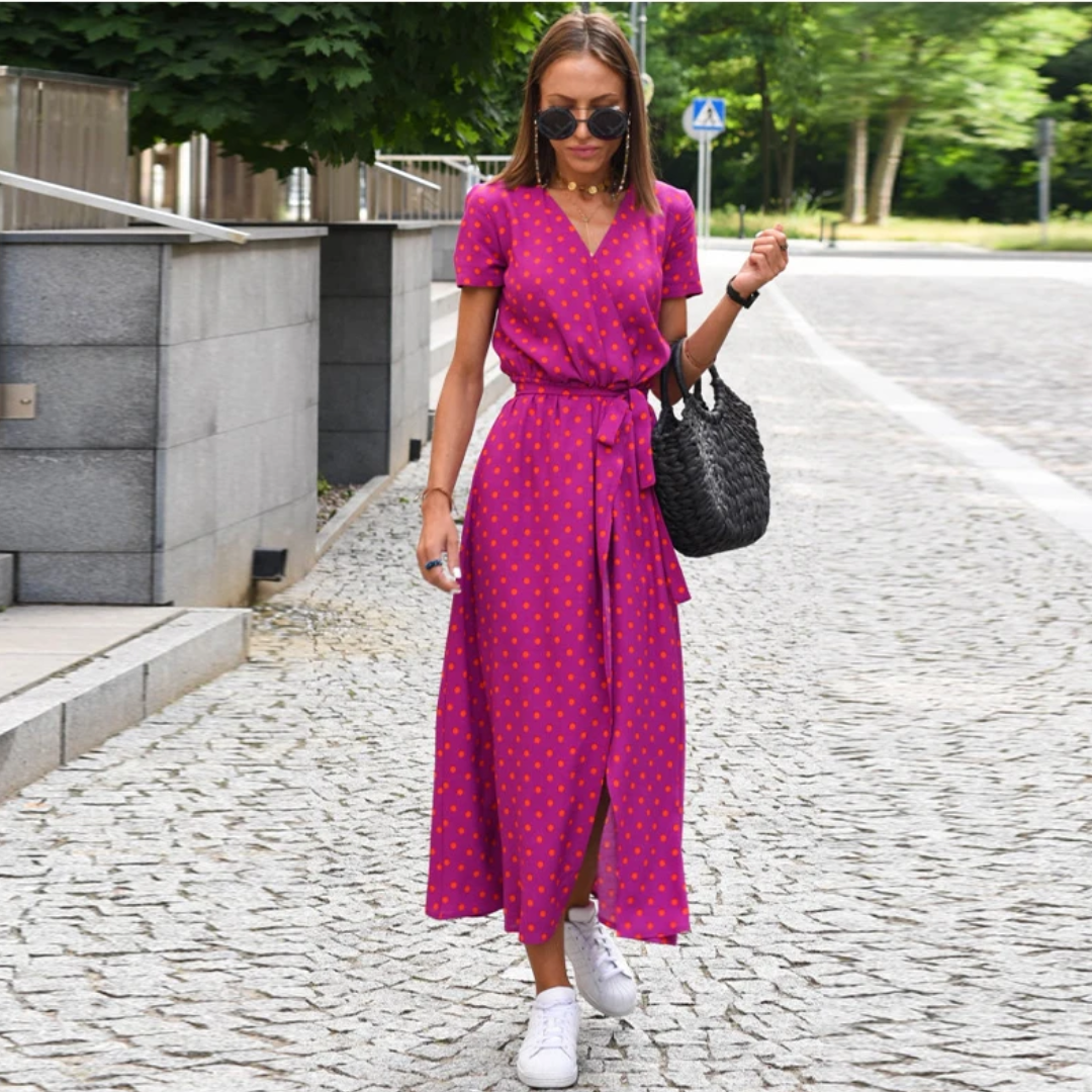 Damen Maxikleid mit Punktmuster und Seitenschlitz-Luzern Mode