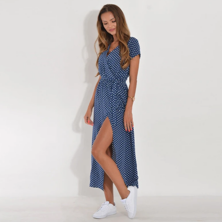 Damen Maxikleid mit Punktmuster und Seitenschlitz-Luzern Mode