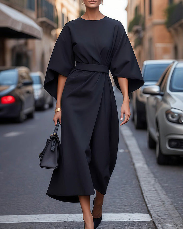 Lange Sommerkleid mit Taillenband | Puffärmel | Perfekte Passform |-Dunkelblau-XS-Luzern Mode