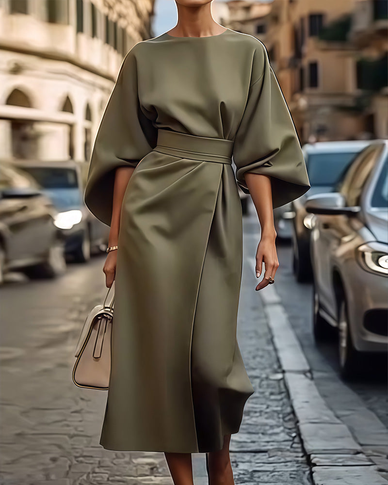 Lange Sommerkleid mit Taillenband | Puffärmel | Perfekte Passform |-Olivgrün-XS-Luzern Mode