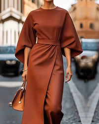 Lange Sommerkleid mit Taillenband | Puffärmel | Perfekte Passform |-Terrakotta-XS-Luzern Mode