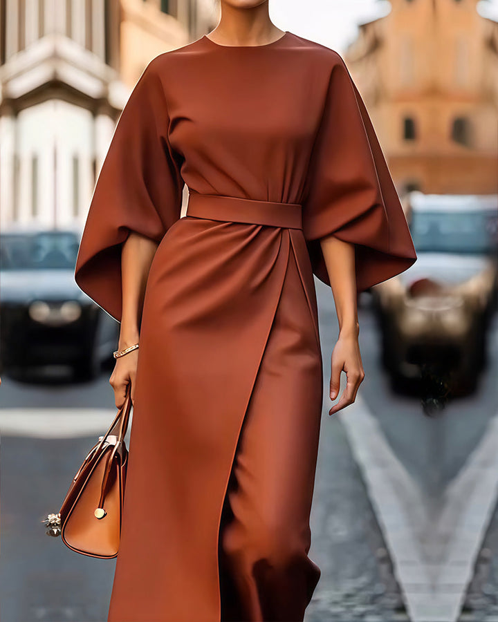 Lange Sommerkleid mit Taillenband | Puffärmel | Perfekte Passform |-Terrakotta-XS-Luzern Mode
