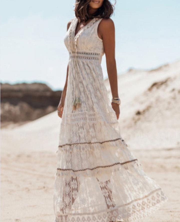 Boho Maxikleid Damen Sommer Strandkleid mit Spitze-Beige-S-Luzern Mode