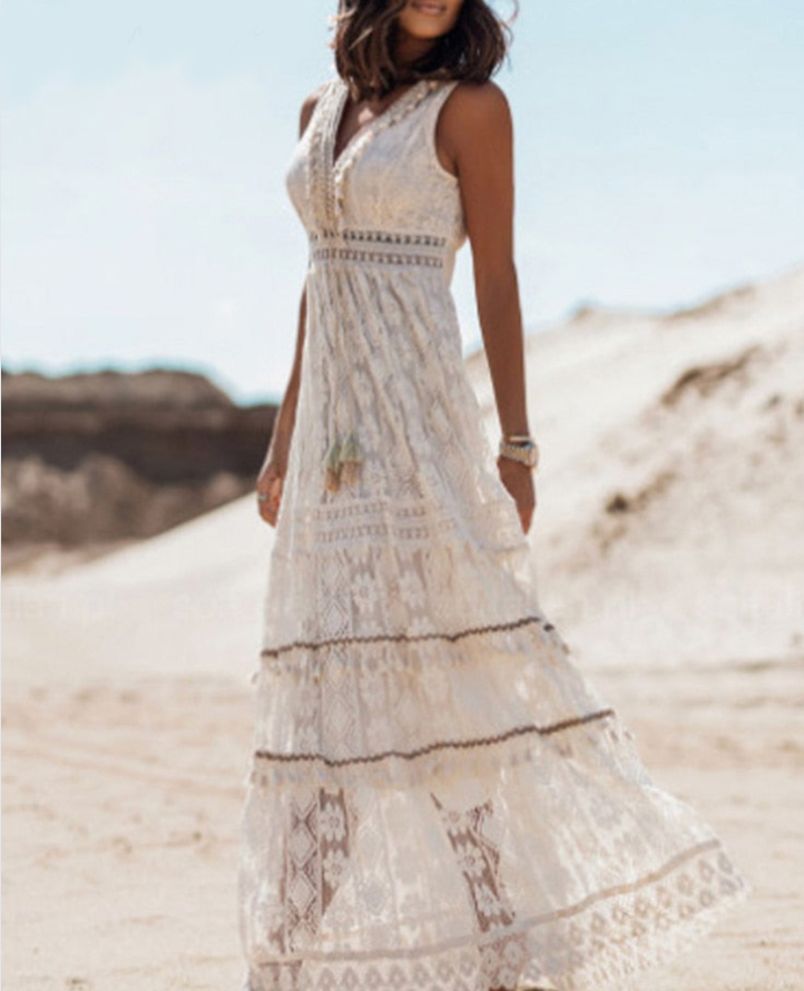 Boho Maxikleid Damen Sommer Strandkleid mit Spitze-Beige-S-Luzern Mode
