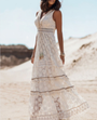 Boho Maxikleid Damen Sommer Strandkleid mit Spitze-Beige-S-Luzern Mode