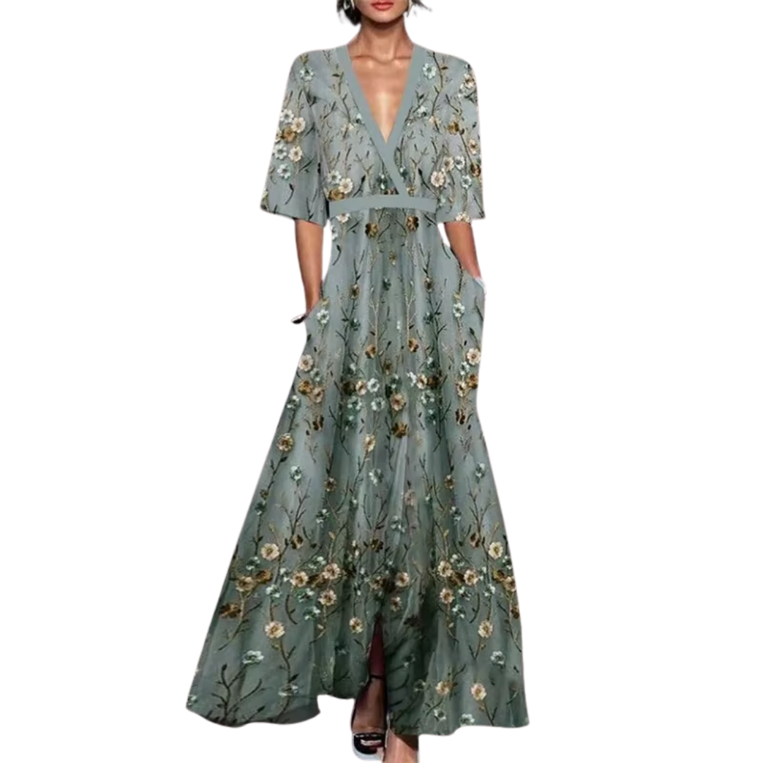 Sommerkleid mit Blumenmuster | Lang | Weit | V-Ausschnitt | Dreiviertelärmel-Grün-S-Luzern Mode