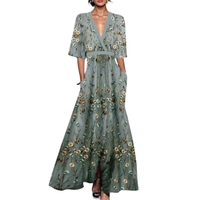 Sommerkleid mit Blumenmuster | Lang | Weit | V-Ausschnitt | Dreiviertelärmel-Grün-S-Luzern Mode