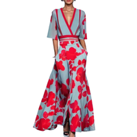 Sommerkleid mit Blumenmuster | Lang | Weit | V-Ausschnitt | Dreiviertelärmel-Rot-S-Luzern Mode