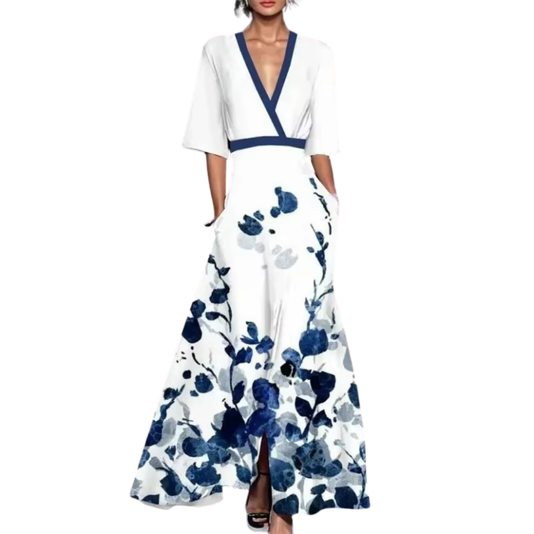Sommerkleid mit Blumenmuster | Lang | Weit | V-Ausschnitt | Dreiviertelärmel-Weiß-S-Luzern Mode