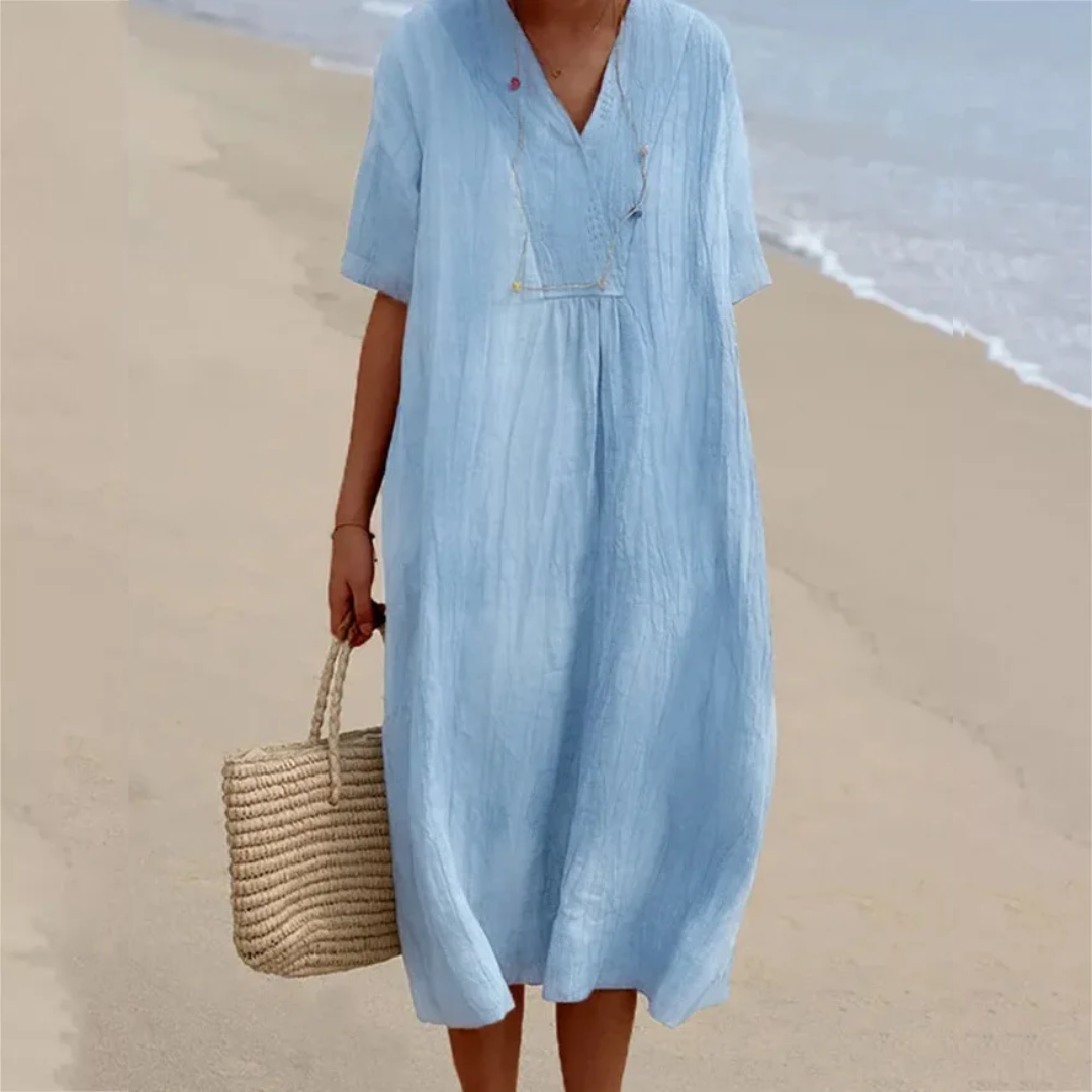 Leinenkleid Damen Sommer Strandmode mit V-Ausschnitt-blau-s-Luzern Mode