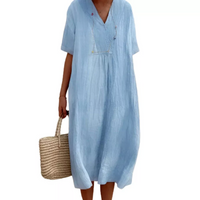 Leinenkleid Damen Sommer Strandmode mit V-Ausschnitt-Luzern Mode