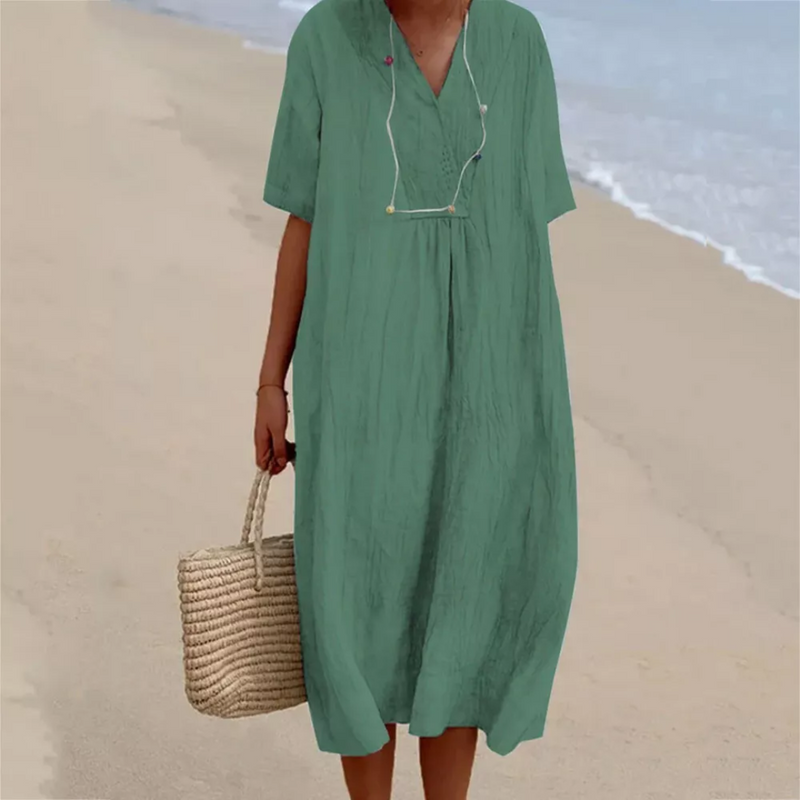 Leinenkleid Damen Sommer Strandmode mit V-Ausschnitt-Grün-s-Luzern Mode