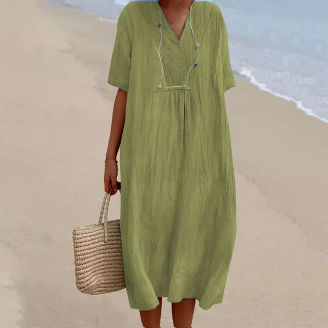 Leinenkleid Damen Sommer Strandmode mit V-Ausschnitt-Hellgrün-s-Luzern Mode