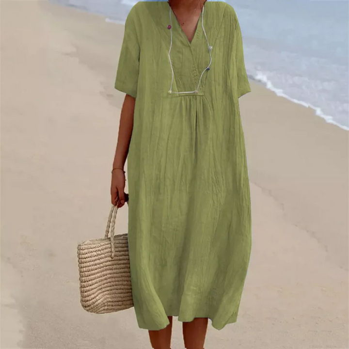 Leinenkleid Damen Sommer Strandmode mit V-Ausschnitt-Hellgrün-s-Luzern Mode