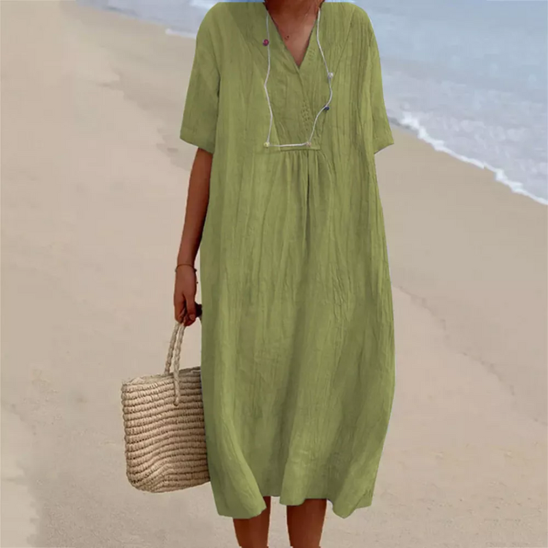 Leinenkleid Damen Sommer Strandmode mit V-Ausschnitt-Hellgrün-s-Luzern Mode