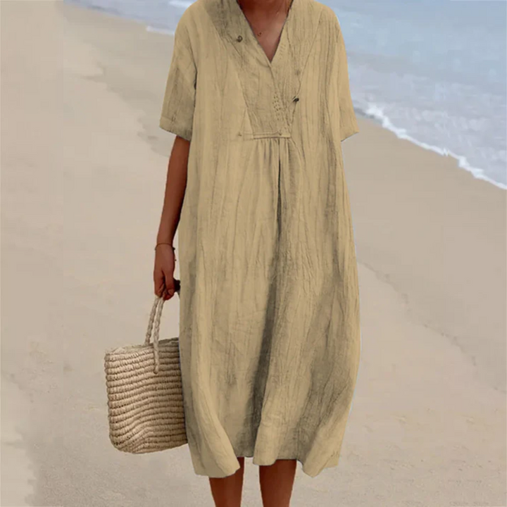 Leinenkleid Damen Sommer Strandmode mit V-Ausschnitt-Khaki-s-Luzern Mode