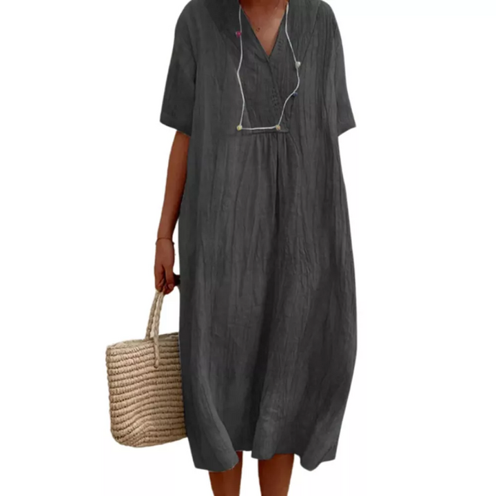 Leinenkleid Damen Sommer Strandmode mit V-Ausschnitt-Schwarz-1-s-Luzern Mode