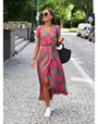 Sommerkleid | Blumenmuster | Lang | Kurze Ärmel | Lässig | V-Ausschnitt-Rosa/Grün-S-Luzern Mode