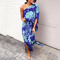 Asymmetrisches Maxikleid mit Blumenmuster für Damen-Blau-S-Luzern Mode