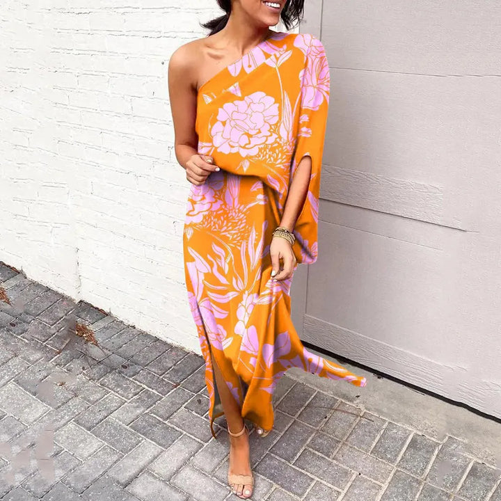 Asymmetrisches Maxikleid mit Blumenmuster für Damen-Orange-Rosa-S-Luzern Mode