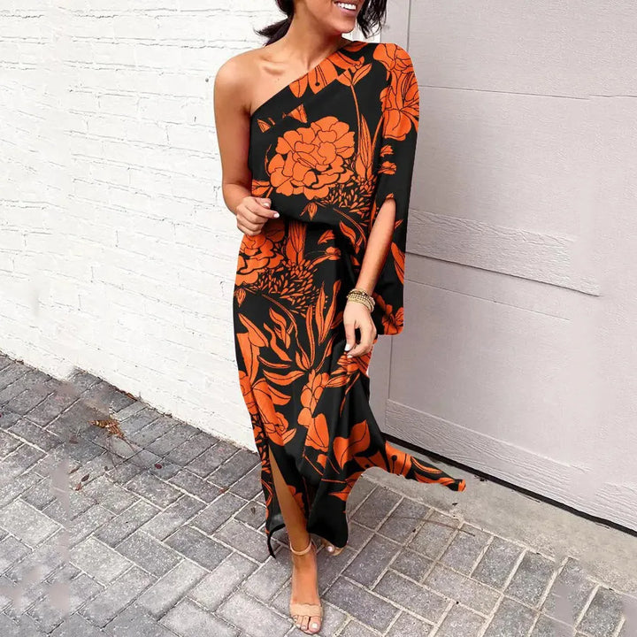 Asymmetrisches Maxikleid mit Blumenmuster für Damen-Orange-S-Luzern Mode