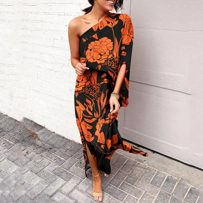 Asymmetrisches Maxikleid mit Blumenmuster für Damen-Orange-S-Luzern Mode