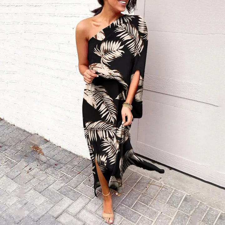 Asymmetrisches Maxikleid mit Blumenmuster für Damen-Schwarz mit Samt-S-Luzern Mode