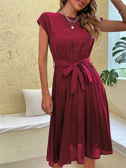 Sommerkleid | Kurze Ärmel | Schleifendetail | Einfarbig | Streifenmuster | Weich-Bordeauxrot-S-Luzern Mode