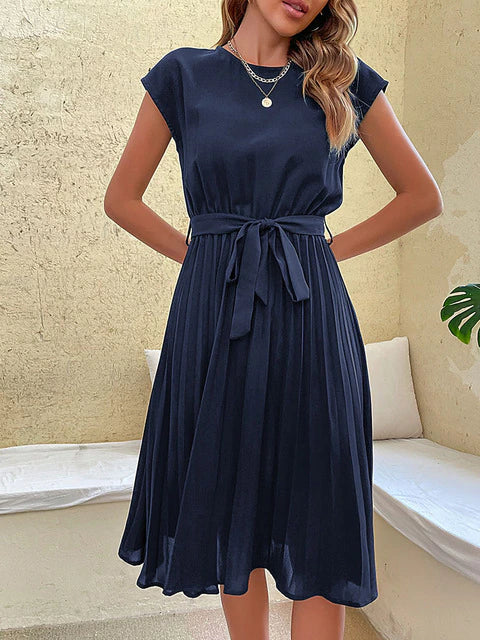 Sommerkleid | Kurze Ärmel | Schleifendetail | Einfarbig | Streifenmuster | Weich-Dunkelblau-S-Luzern Mode