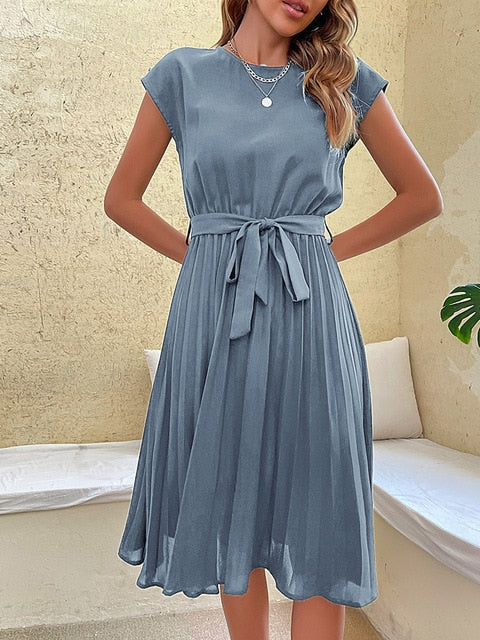 Sommerkleid | Kurze Ärmel | Schleifendetail | Einfarbig | Streifenmuster | Weich-Himmelblau-S-Luzern Mode