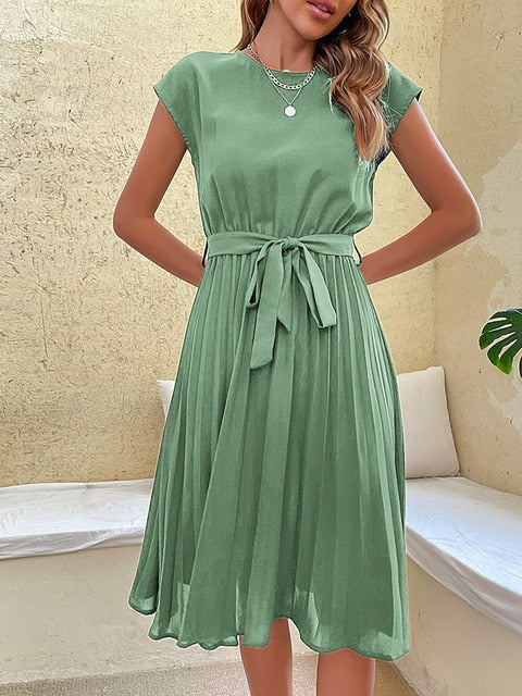 Sommerkleid | Kurze Ärmel | Schleifendetail | Einfarbig | Streifenmuster | Weich-Minzgrün-S-Luzern Mode