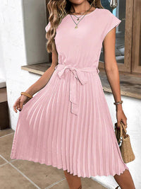 Sommerkleid | Kurze Ärmel | Schleifendetail | Einfarbig | Streifenmuster | Weich-Rosa-S-Luzern Mode