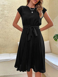 Sommerkleid | Kurze Ärmel | Schleifendetail | Einfarbig | Streifenmuster | Weich-Schwarz-S-Luzern Mode