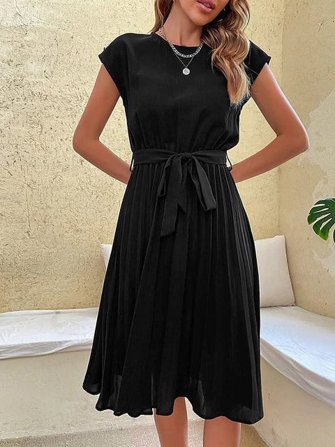Sommerkleid | Kurze Ärmel | Schleifendetail | Einfarbig | Streifenmuster | Weich-Schwarz-S-Luzern Mode