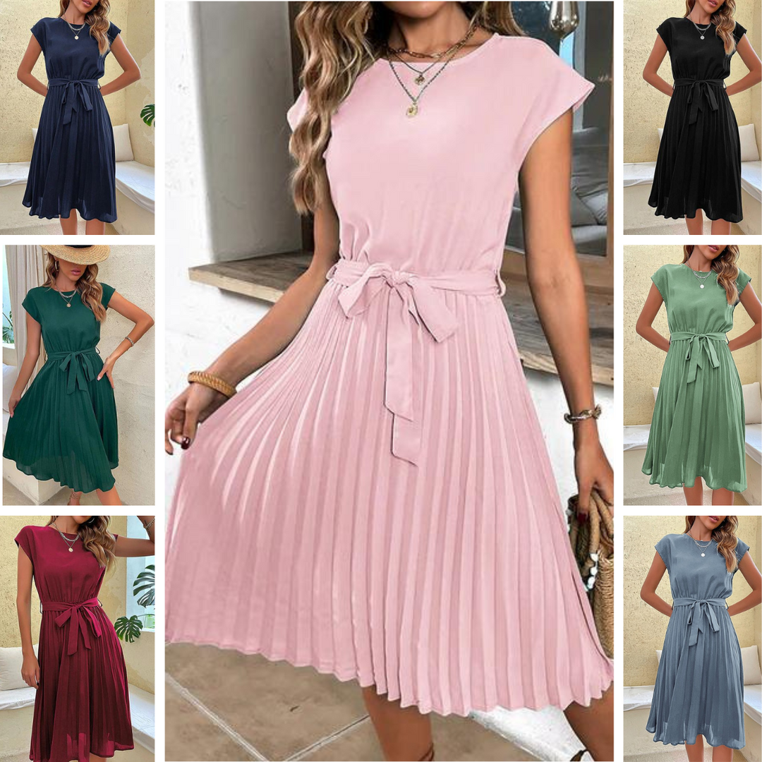 Sommerkleid | Kurze Ärmel | Schleifendetail | Einfarbig | Streifenmuster | Weich-Luzern Mode