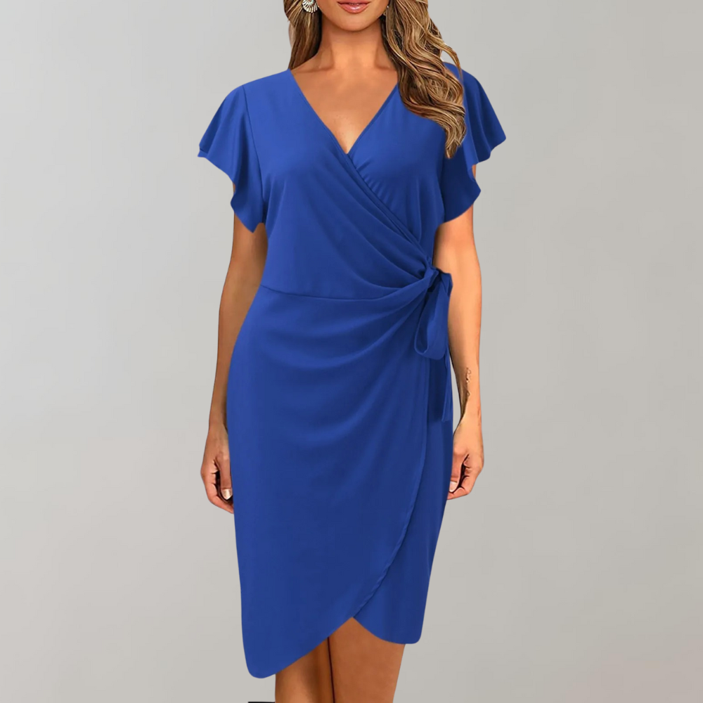 Damen Wickelkleid V-Ausschnitt Elegant Knielang Festlich-Blau-S-Luzern Mode