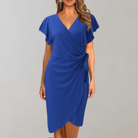 Damen Wickelkleid V-Ausschnitt Elegant Knielang Festlich-Blau-S-Luzern Mode