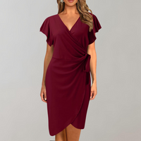 Damen Wickelkleid V-Ausschnitt Elegant Knielang Festlich-Bordeauxrot-S-Luzern Mode