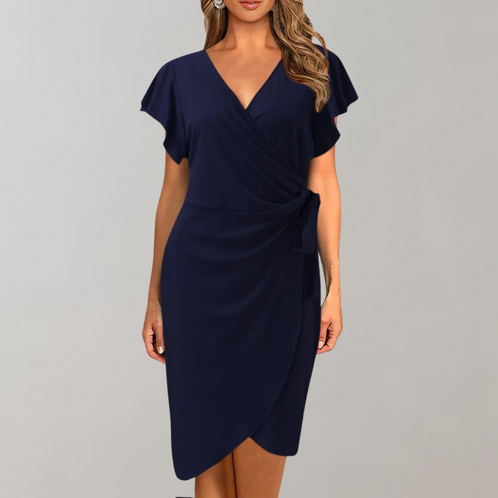Damen Wickelkleid V-Ausschnitt Elegant Knielang Festlich-Dunkelblau-S-Luzern Mode