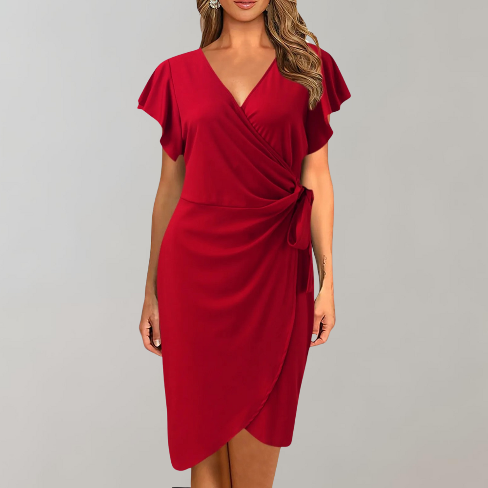 Damen Wickelkleid V-Ausschnitt Elegant Knielang Festlich-Rot-S-Luzern Mode