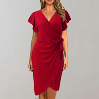 Damen Wickelkleid V-Ausschnitt Elegant Knielang Festlich-Rot-S-Luzern Mode